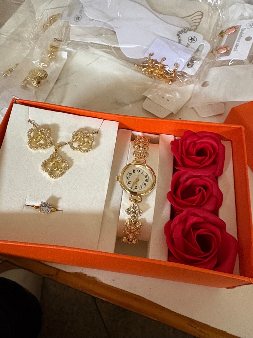 Gold Floral Bracelet Watch and Necklace Gift Set - Pink Accent